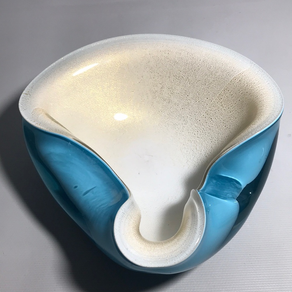 Alfredo Barbini Murano Glass Aqua Turquoise Blue & Cream/Gold Cased Glass Bowl